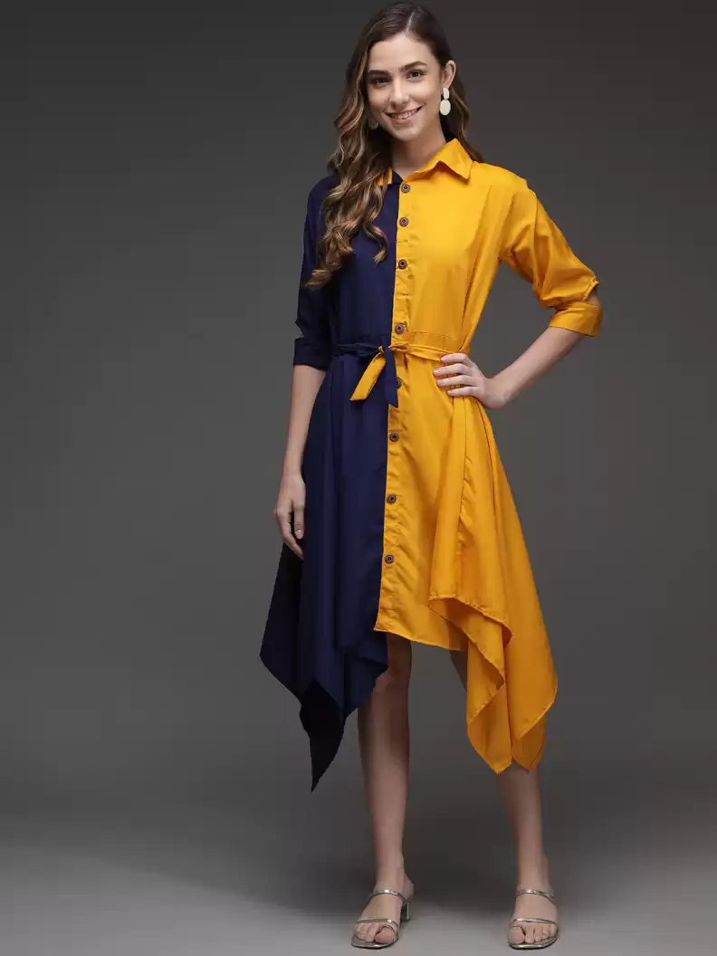 TANDUL  Women Fit and Flare Blue, Yellow Dress