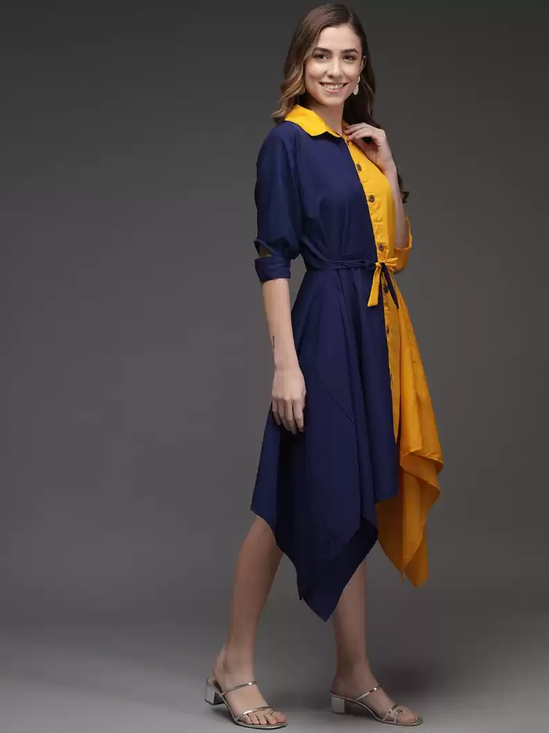 TANDUL  Women Fit and Flare Blue, Yellow Dress