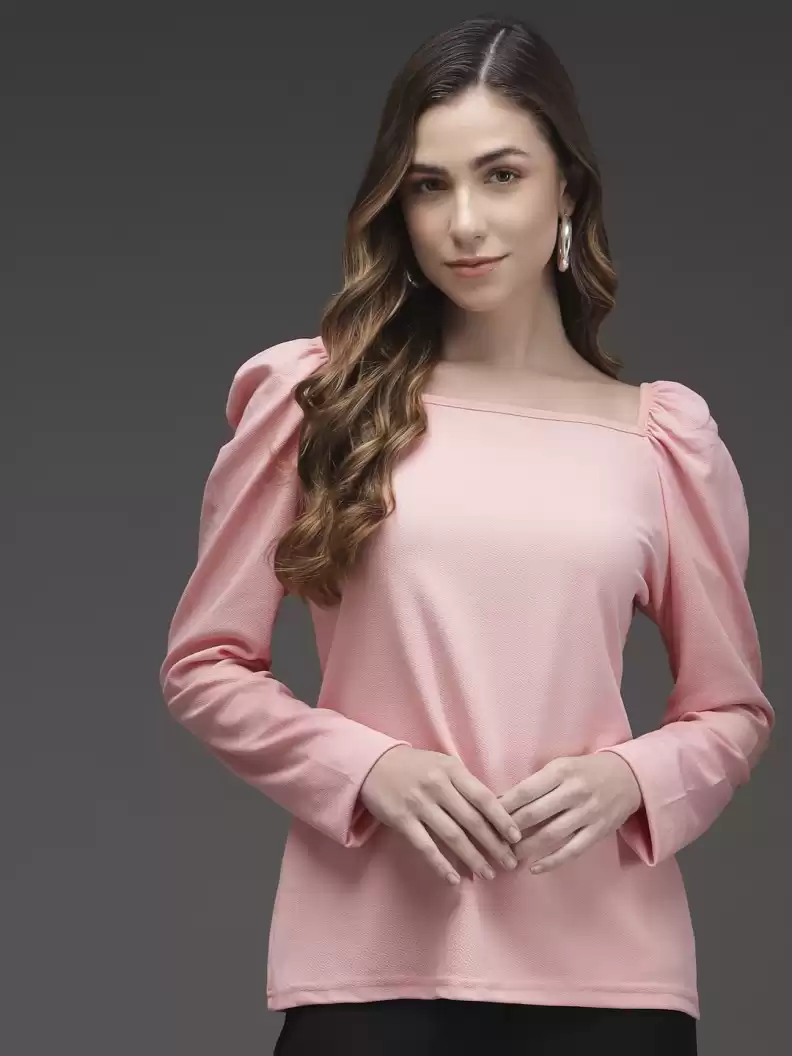 TANDUL  Casual Puff Sleeves Solid Women Pink Top
