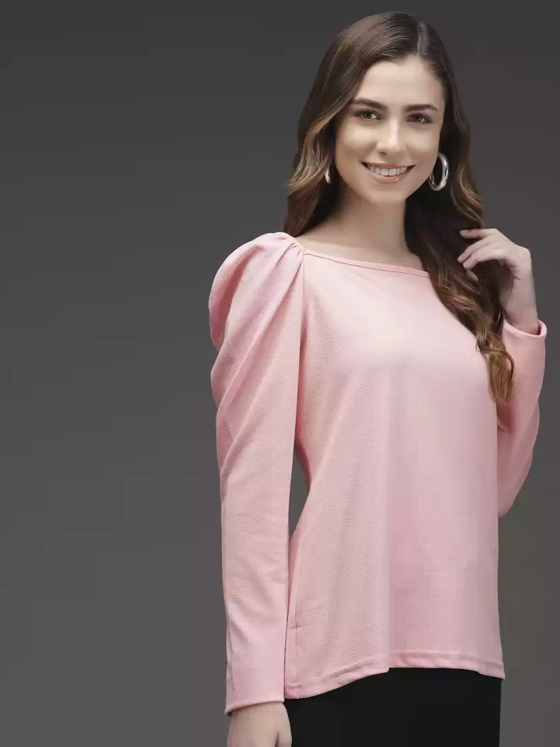 TANDUL  Casual Puff Sleeves Solid Women Pink Top
