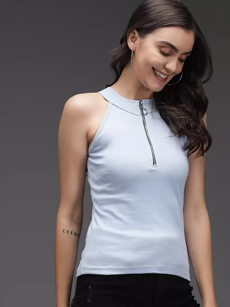 TANDUL  Casual Sleeveless Solid Women Blue Top