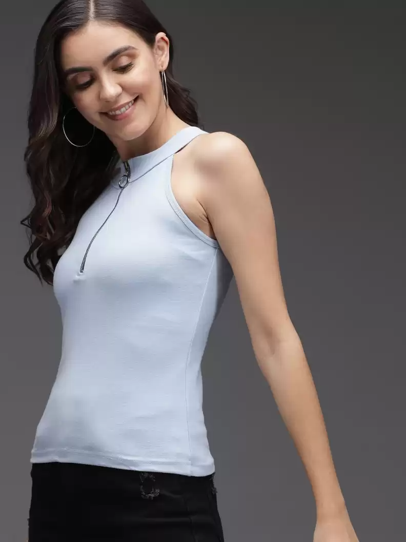 TANDUL  Casual Sleeveless Solid Women Blue Top