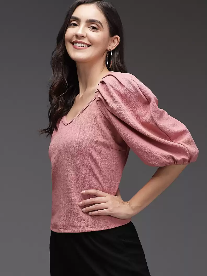 TANDUL  Casual Puff Sleeves Solid Women Pink Top