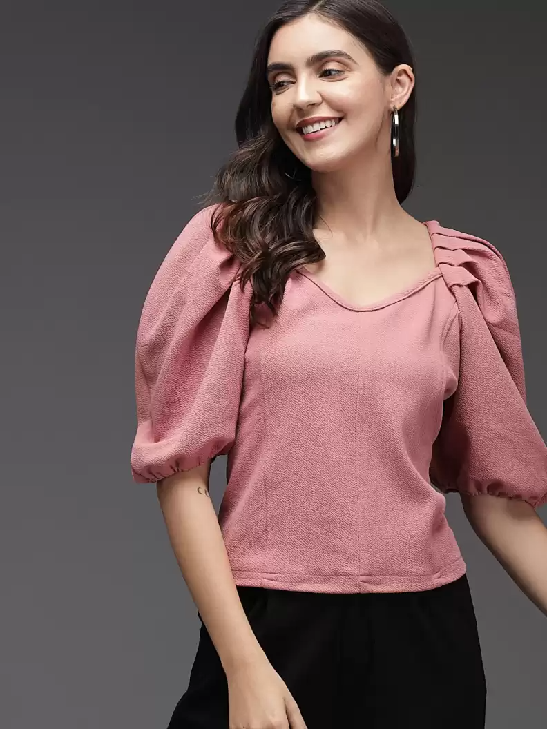 TANDUL  Casual Puff Sleeves Solid Women Pink Top