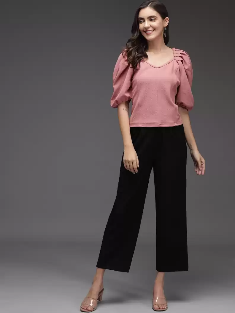 TANDUL  Casual Puff Sleeves Solid Women Pink Top