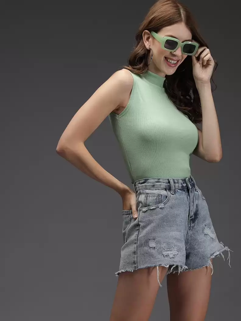 TANDUL  Casual Sleeveless Self Design Women Light Green Top