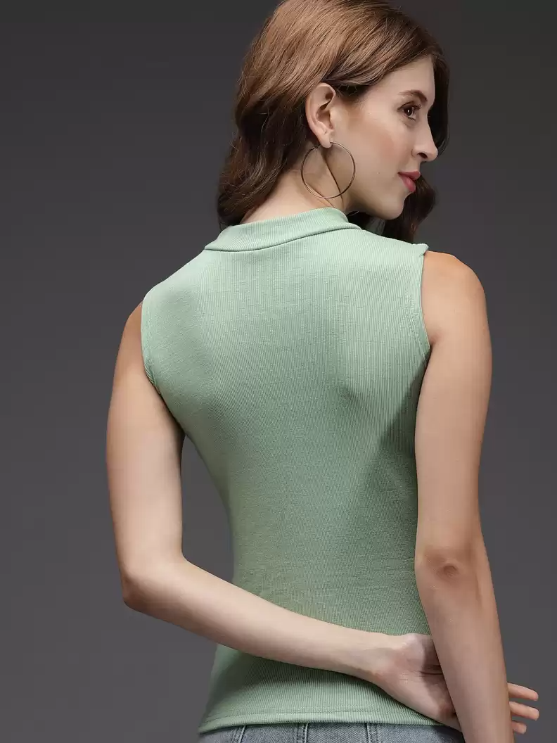 TANDUL  Casual Sleeveless Self Design Women Light Green Top