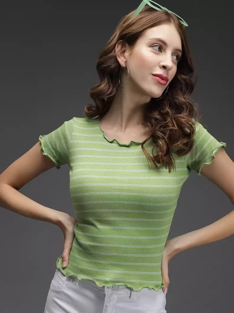 TANDUL  Casual Regular Sleeves Striped Women Green Top