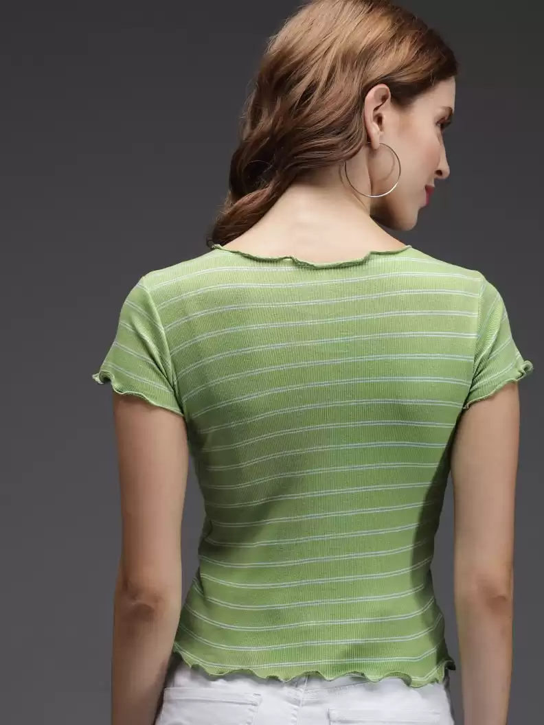 TANDUL  Casual Regular Sleeves Striped Women Green Top