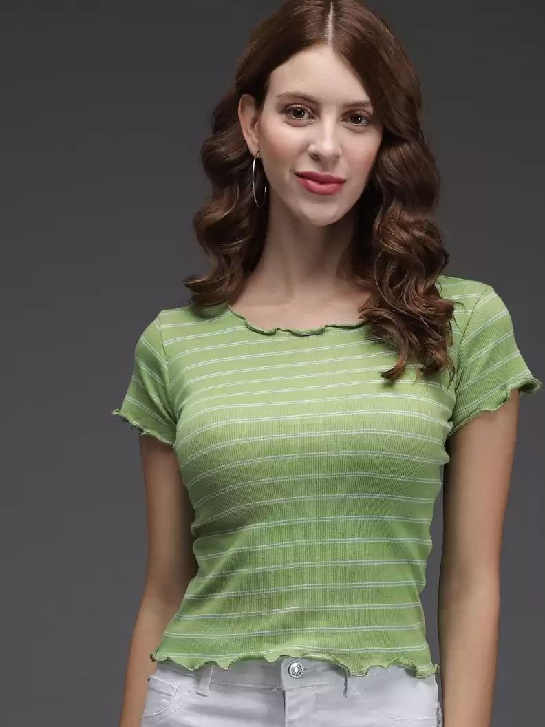 TANDUL  Casual Regular Sleeves Striped Women Green Top