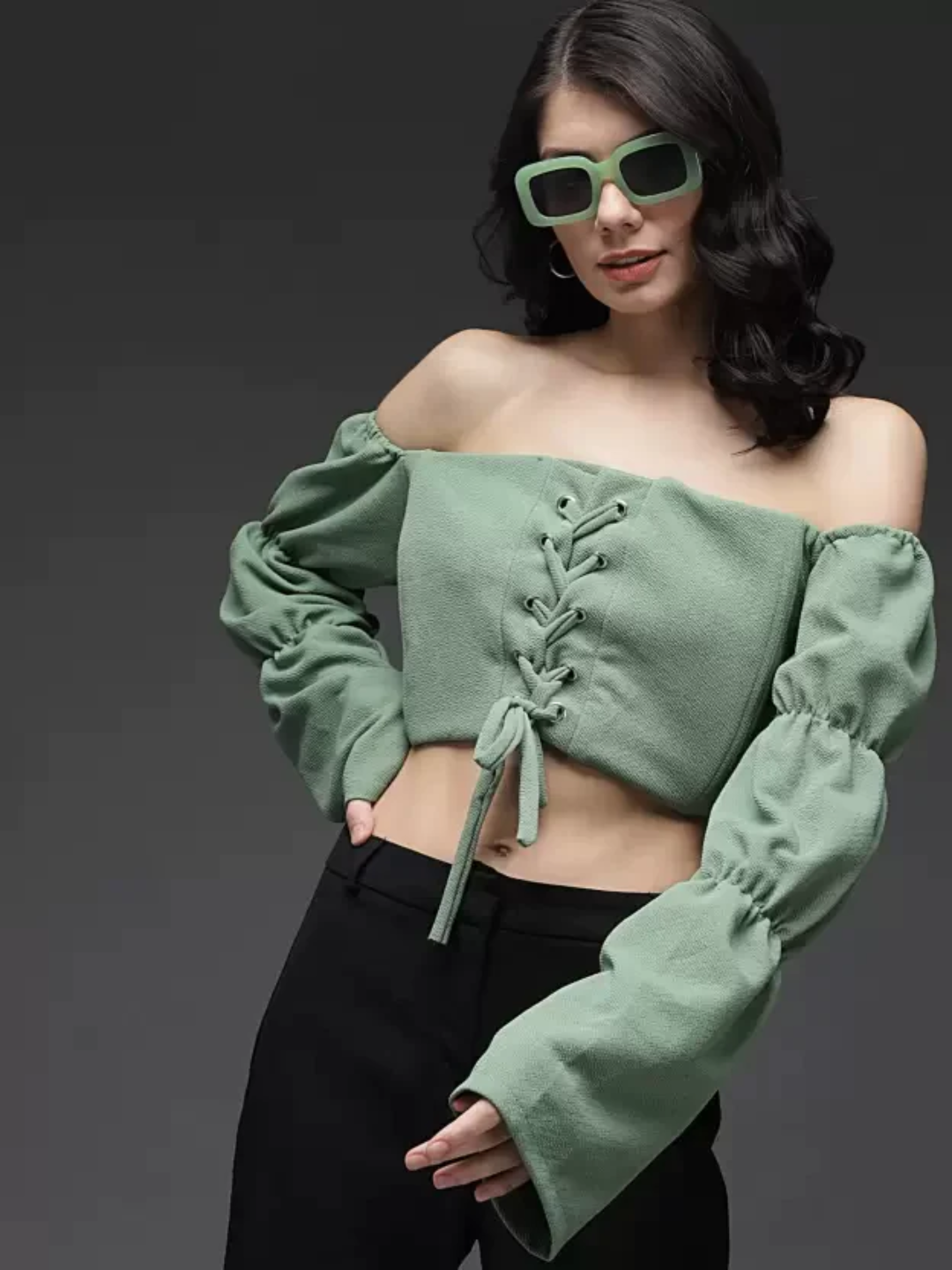 TANDUL  Casual Puff Sleeves Solid Women Green Top