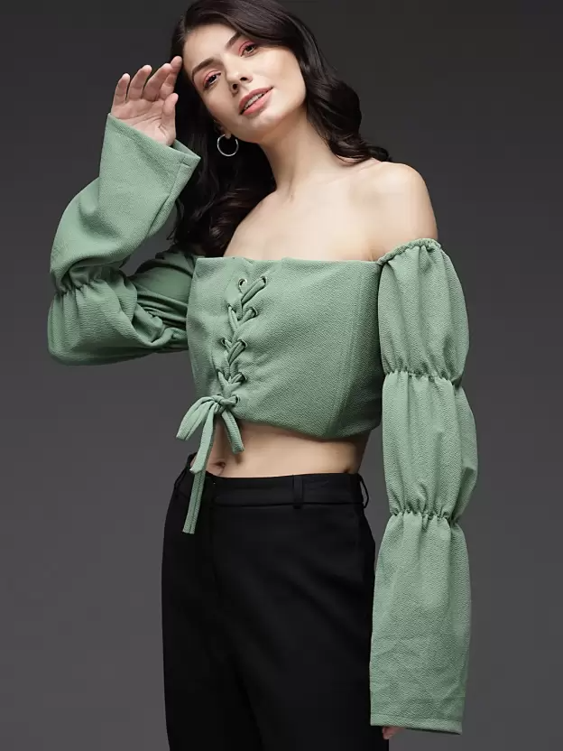 TANDUL  Casual Puff Sleeves Solid Women Green Top