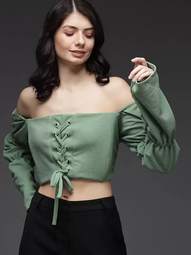 TANDUL  Casual Puff Sleeves Solid Women Green Top