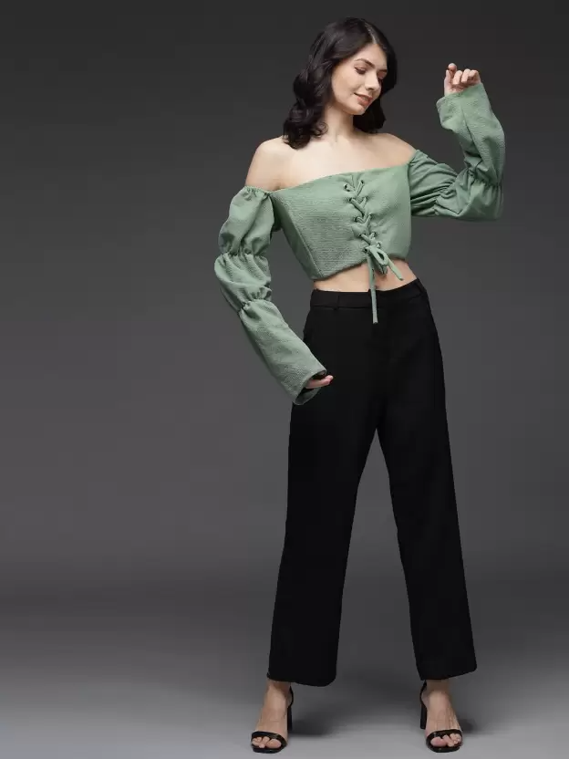 TANDUL  Casual Puff Sleeves Solid Women Green Top