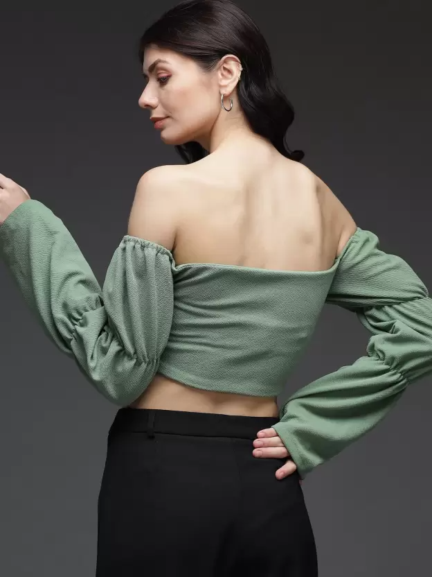 TANDUL  Casual Puff Sleeves Solid Women Green Top