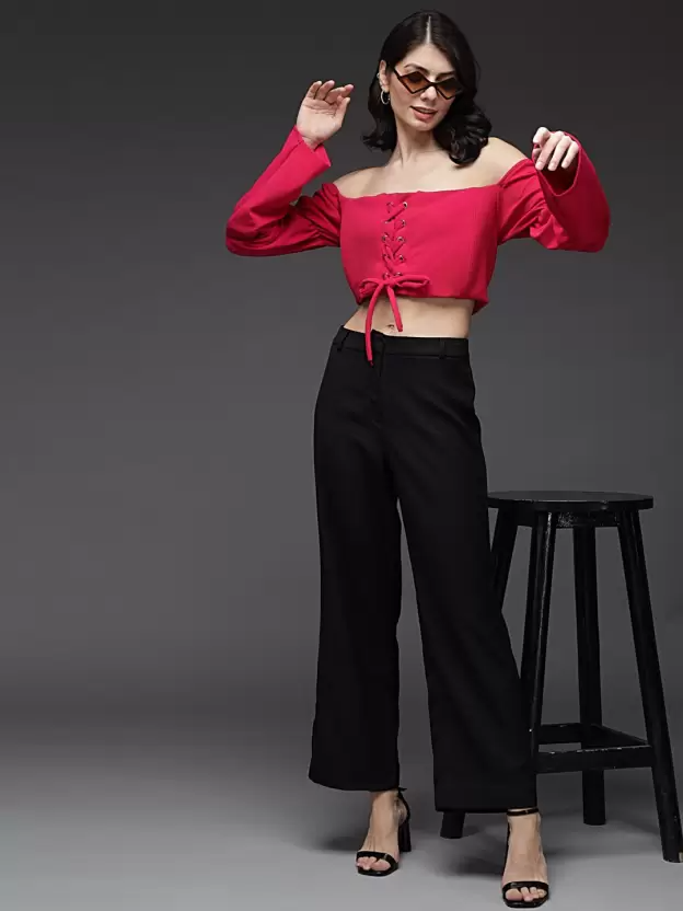 TANDUL  Casual Puff Sleeves Solid Women Pink Top