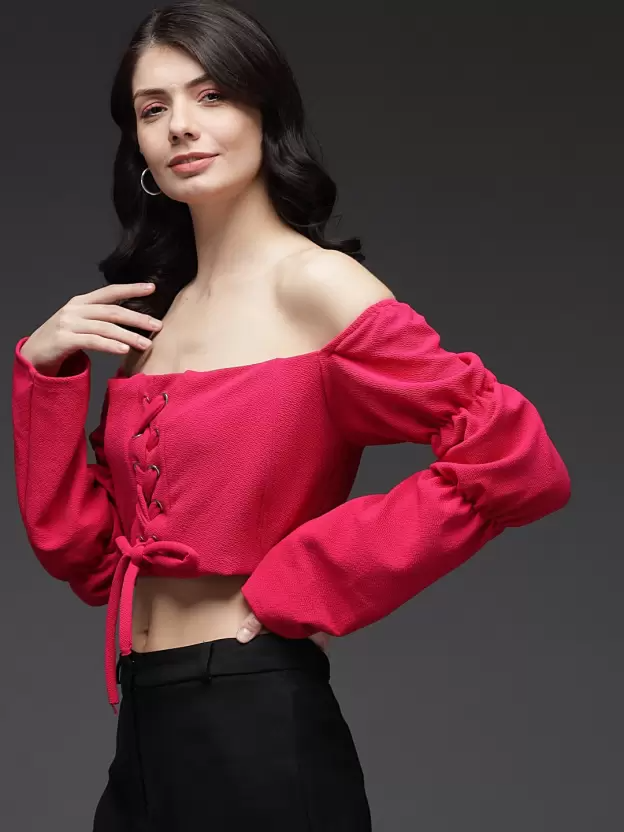 TANDUL  Casual Puff Sleeves Solid Women Pink Top