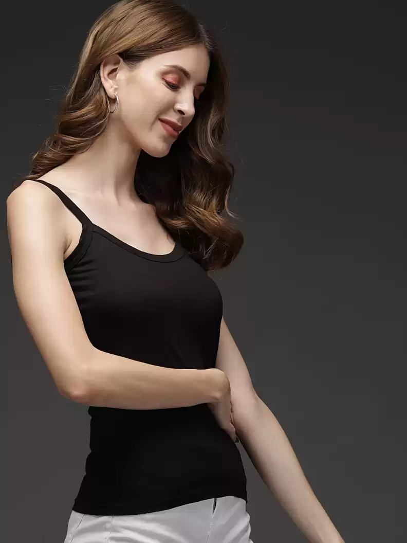 TANDUL  Casual Shoulder Straps Solid Women Black Top