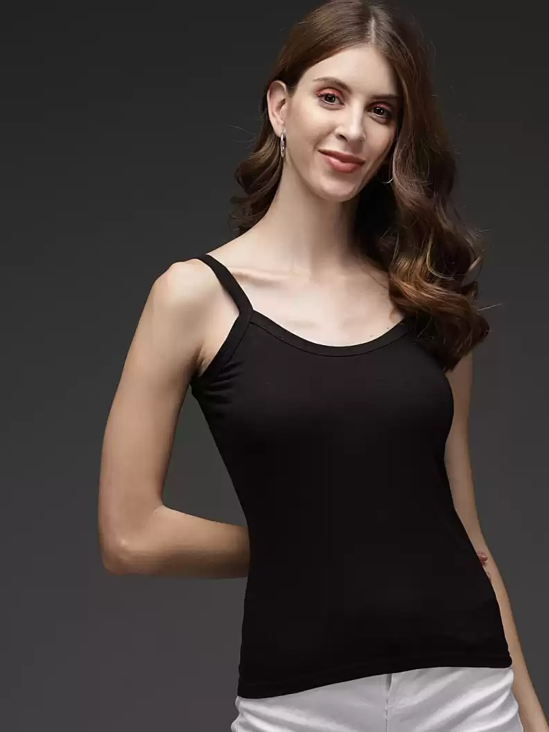 TANDUL  Casual Shoulder Straps Solid Women Black Top