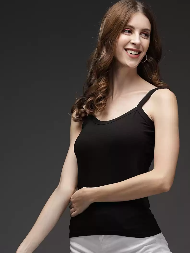 TANDUL  Casual Shoulder Straps Solid Women Black Top