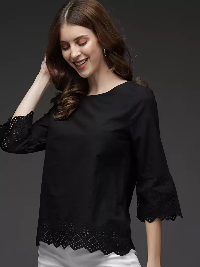 TANDUL  Casual Bell Sleeves Solid Women Black Top