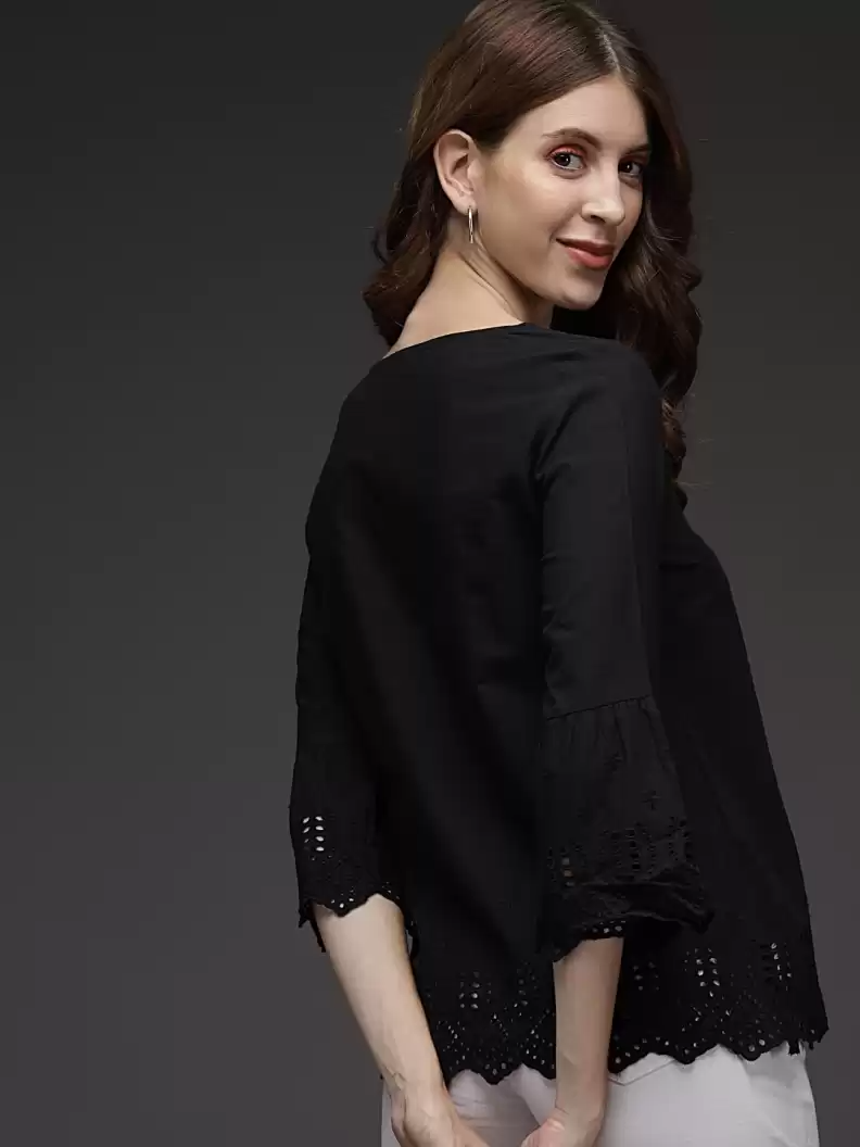 TANDUL  Casual Bell Sleeves Solid Women Black Top