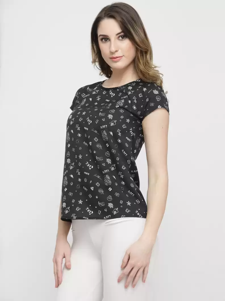 TANDUL  Casual Regular Sleeves Printed Women White, Black Top