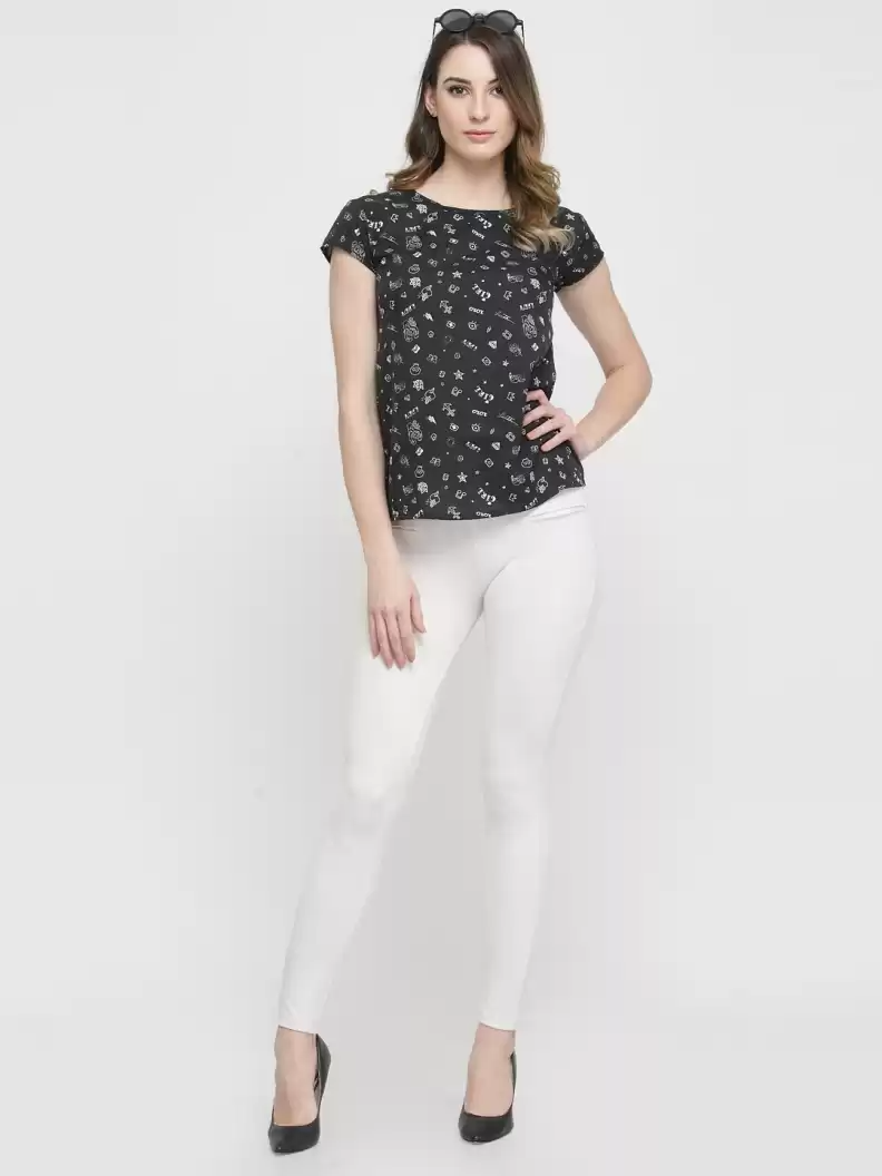 TANDUL  Casual Regular Sleeves Printed Women White, Black Top