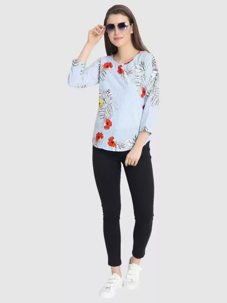 TANDUL  Casual Regular Sleeves Printed Women Light Blue Top