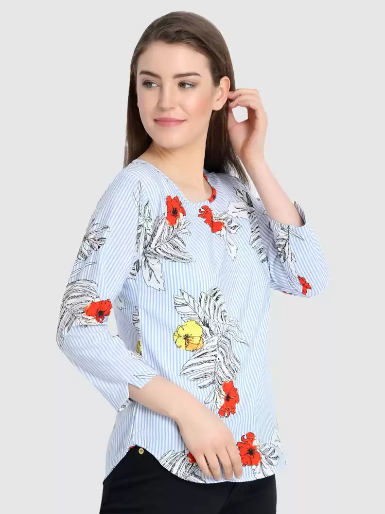 TANDUL  Casual Regular Sleeves Printed Women Light Blue Top