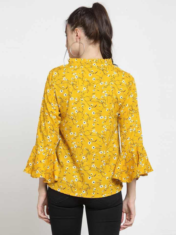 Casual Bell Sleeves Printed Women Yellow Top