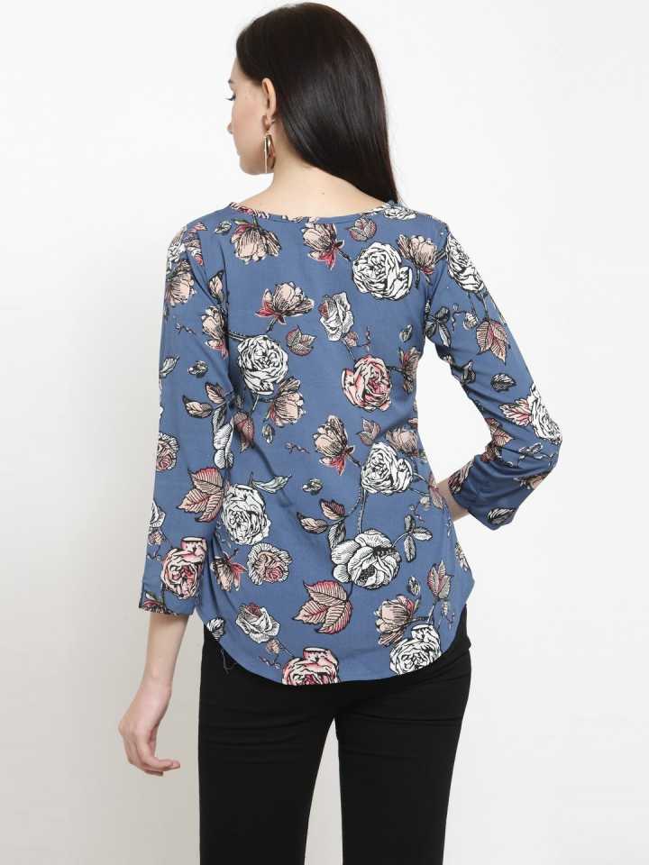 Casual Regular Sleeves Printed Women Blue Top