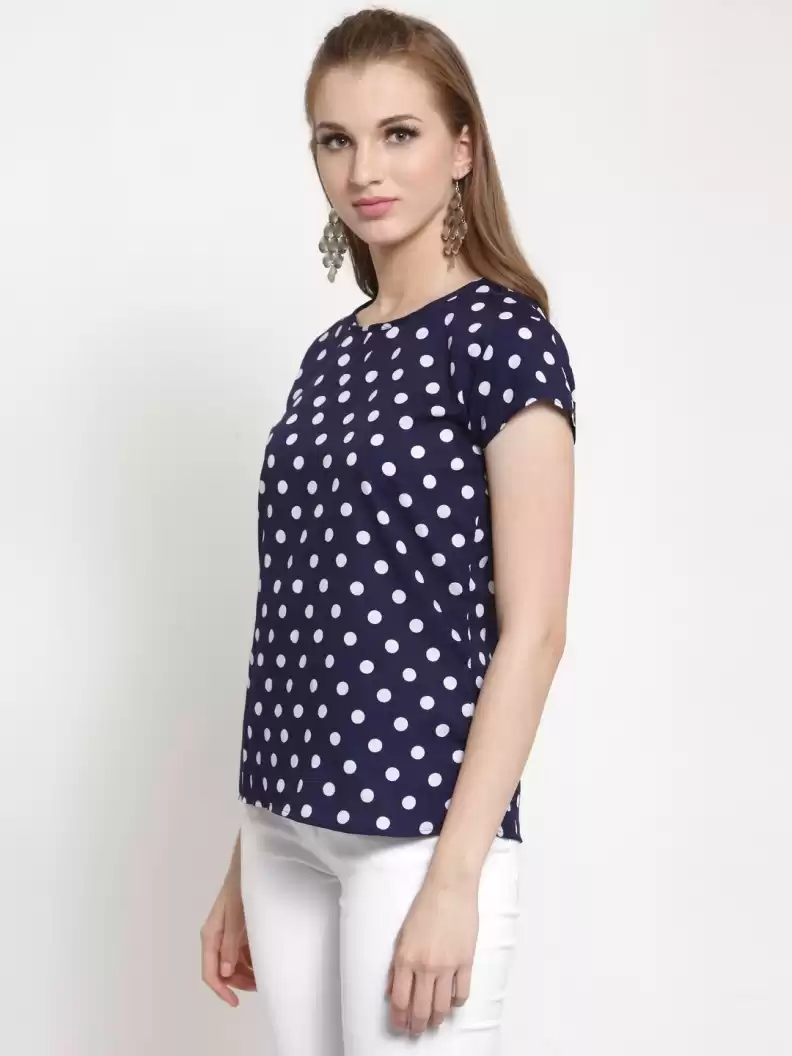 TANDUL  Casual Cap Sleeves Polka Print Women Blue Top