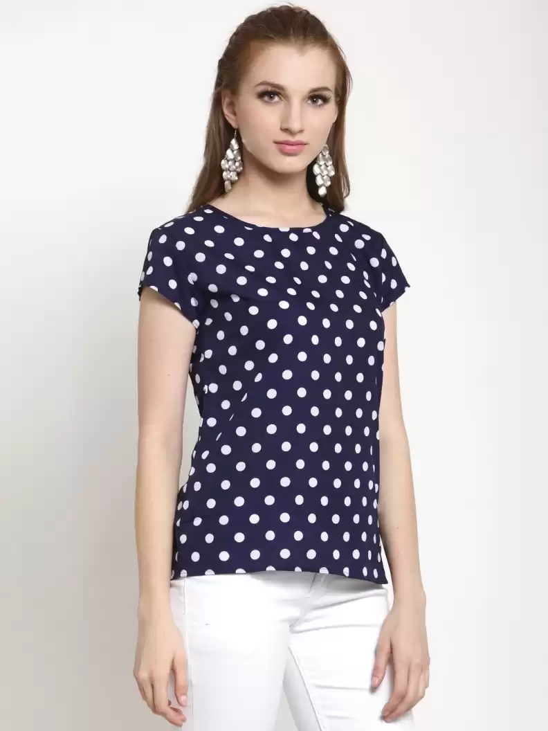 TANDUL  Casual Cap Sleeves Polka Print Women Blue Top