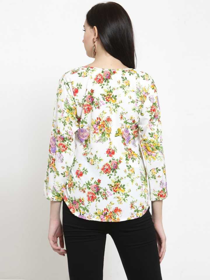 TANDUL  Casual Regular Sleeves Floral Print Women Multicolor, White Top