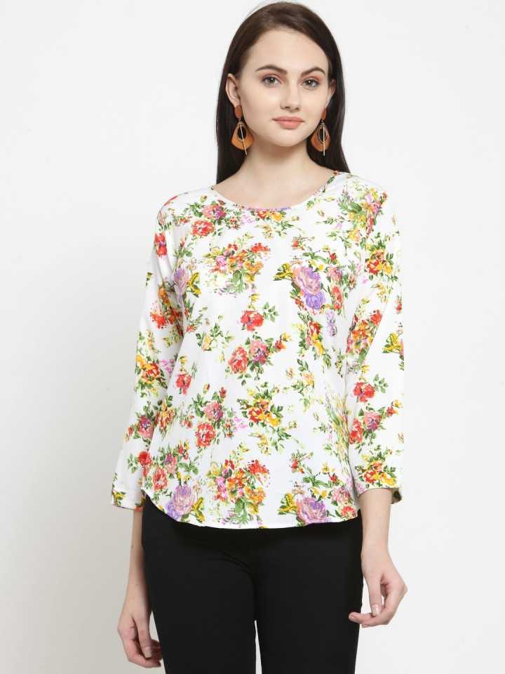 TANDUL  Casual Regular Sleeves Floral Print Women Multicolor, White Top