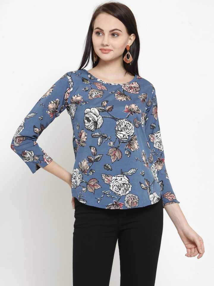 Casual Regular Sleeves Printed Women Blue Top