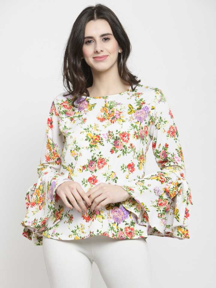 Casual Bell Sleeves Printed Women White Top