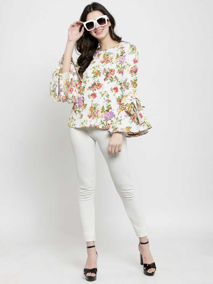 Casual Bell Sleeves Printed Women White Top