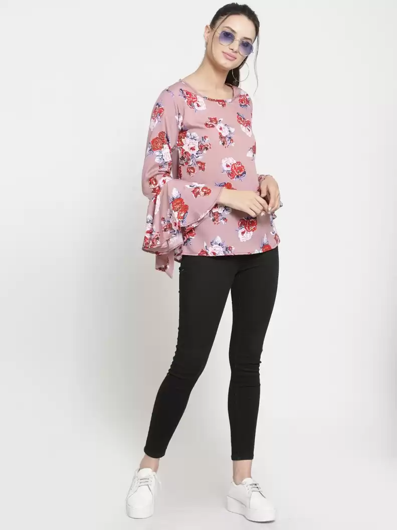 Casual Flute Sleeves Printed Women Multicolor Top