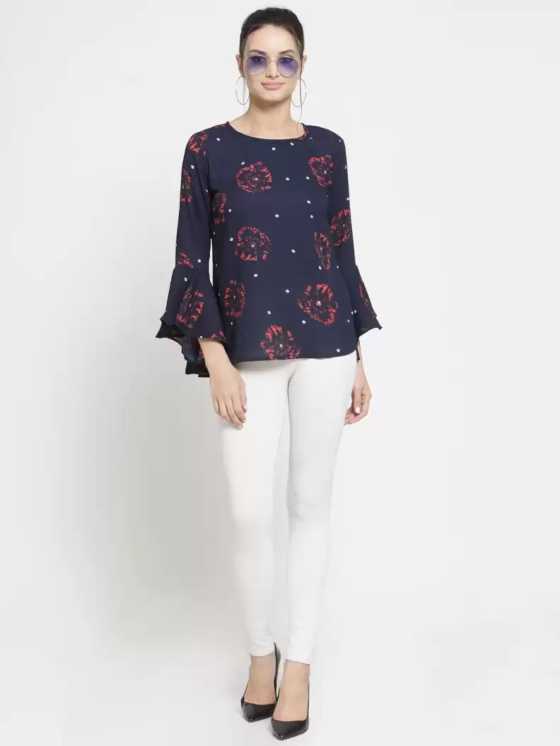 Casual Bell Sleeves Printed Women Multicolor Top