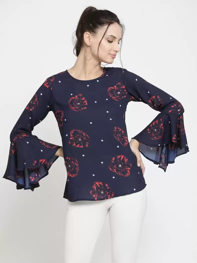 Casual Bell Sleeves Printed Women Multicolor Top