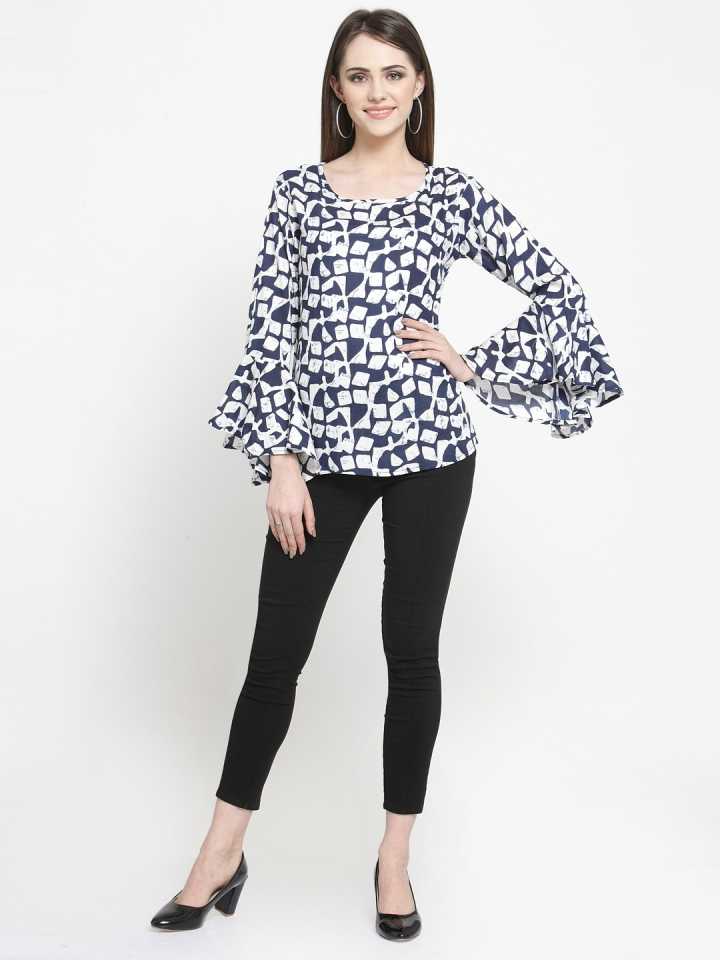 Casual Bell Sleeves Printed Women Multicolor Top