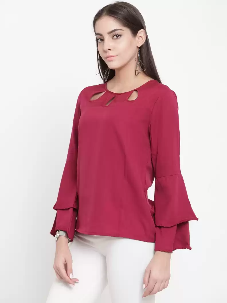 TANDUL  Casual Bell Sleeves Solid Women Purple Top