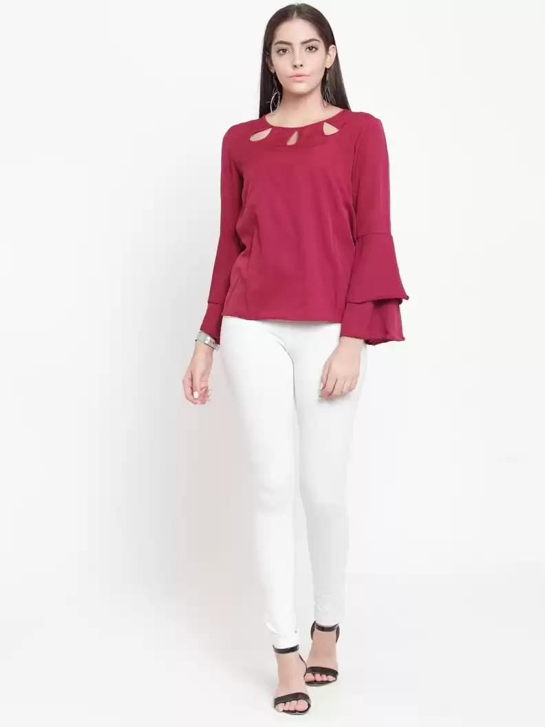 TANDUL  Casual Bell Sleeves Solid Women Purple Top