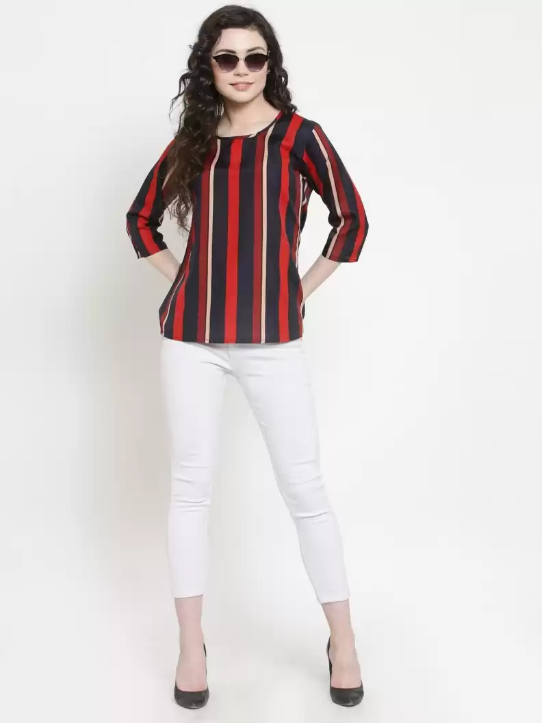 TANDUL  Casual Regular Sleeves Striped Women Red, Blue Top