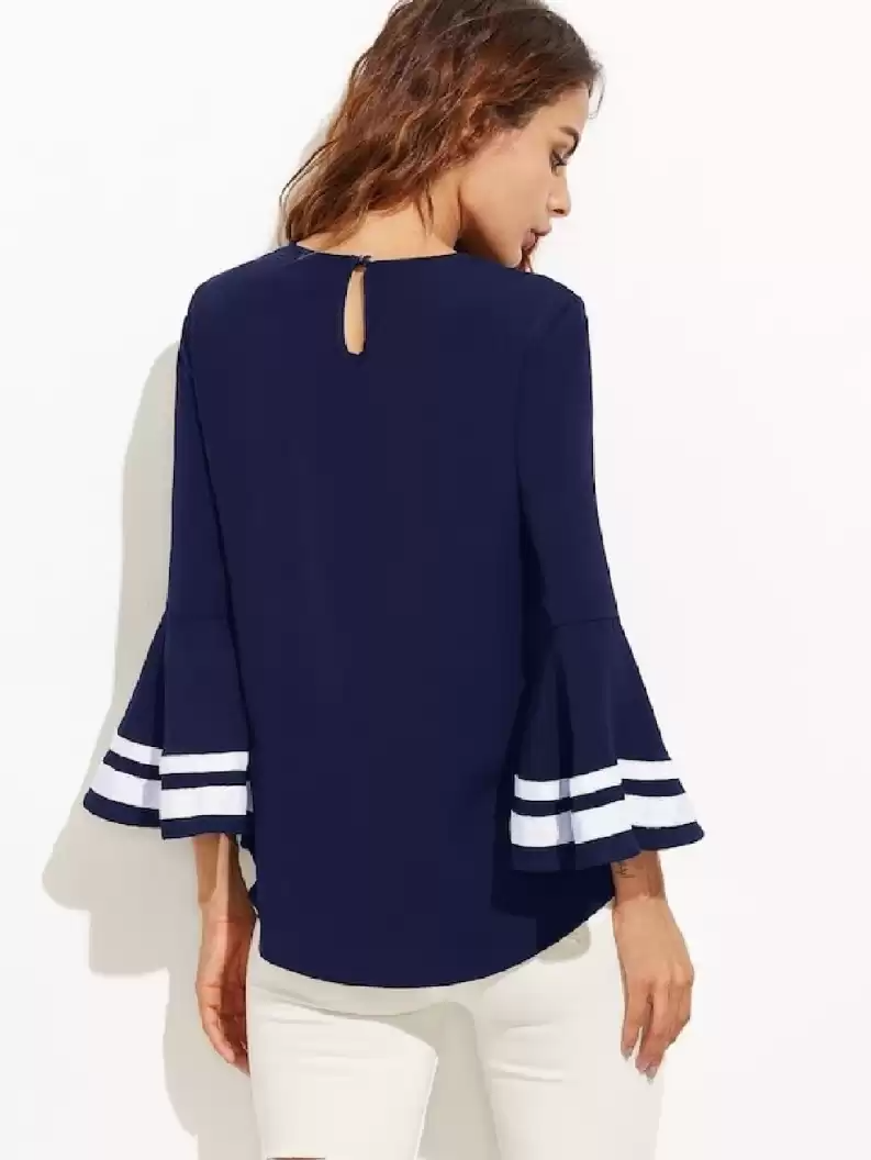 TANDUL  Casual Bell Sleeves Solid Women Dark Blue Top