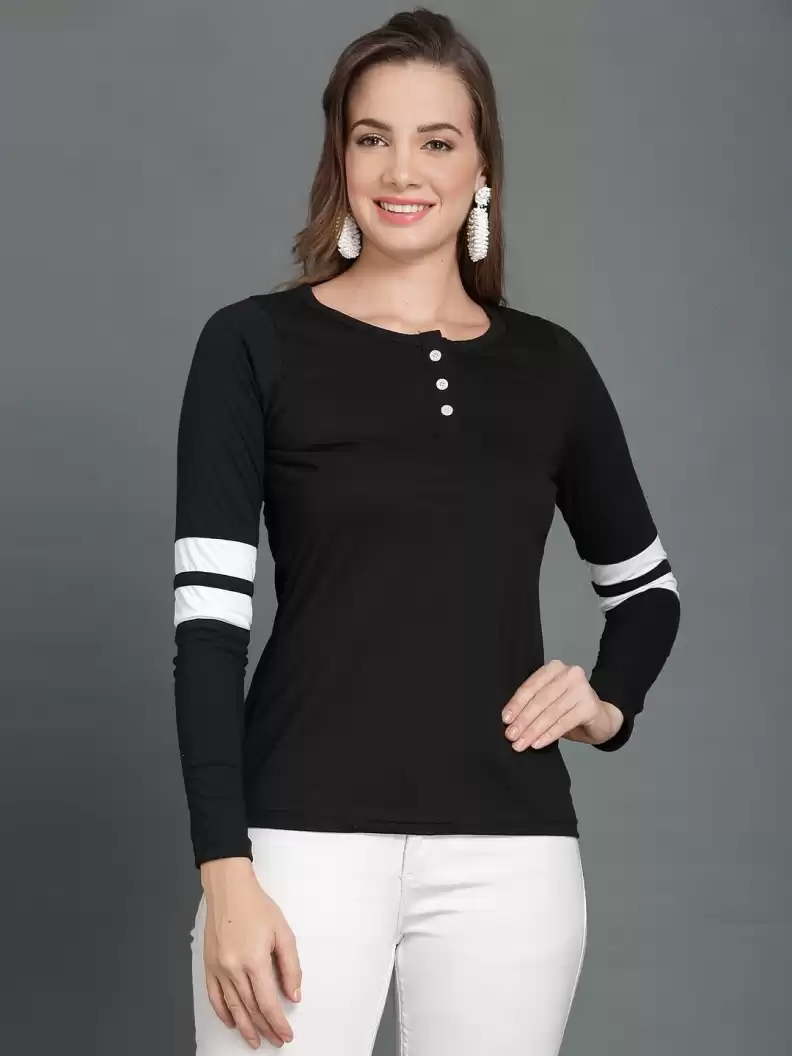 TANDUL  Printed Women Henley Neck White, Black T-Shirt