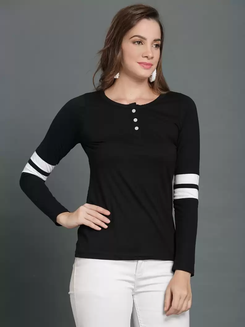 TANDUL  Printed Women Henley Neck White, Black T-Shirt