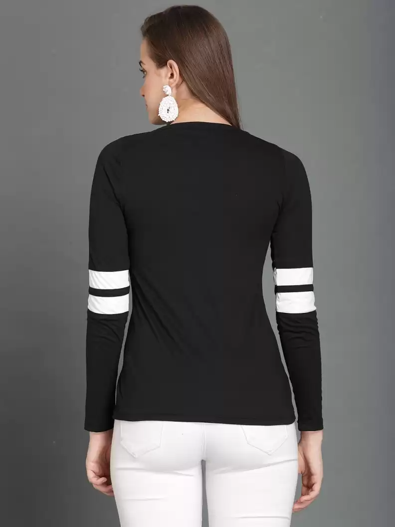 TANDUL  Printed Women Henley Neck White, Black T-Shirt